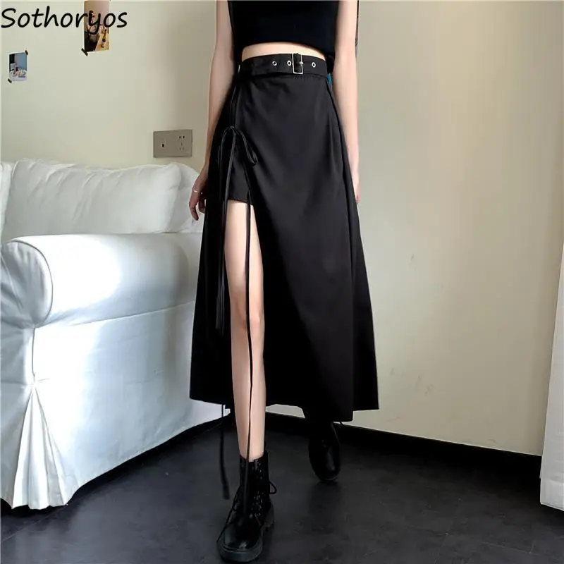 

Irregular Korean Skirts Women Side-slit Design Lace-up Fashion Punk Midi Skirt Classic Female Summer Faldas Charming High Street