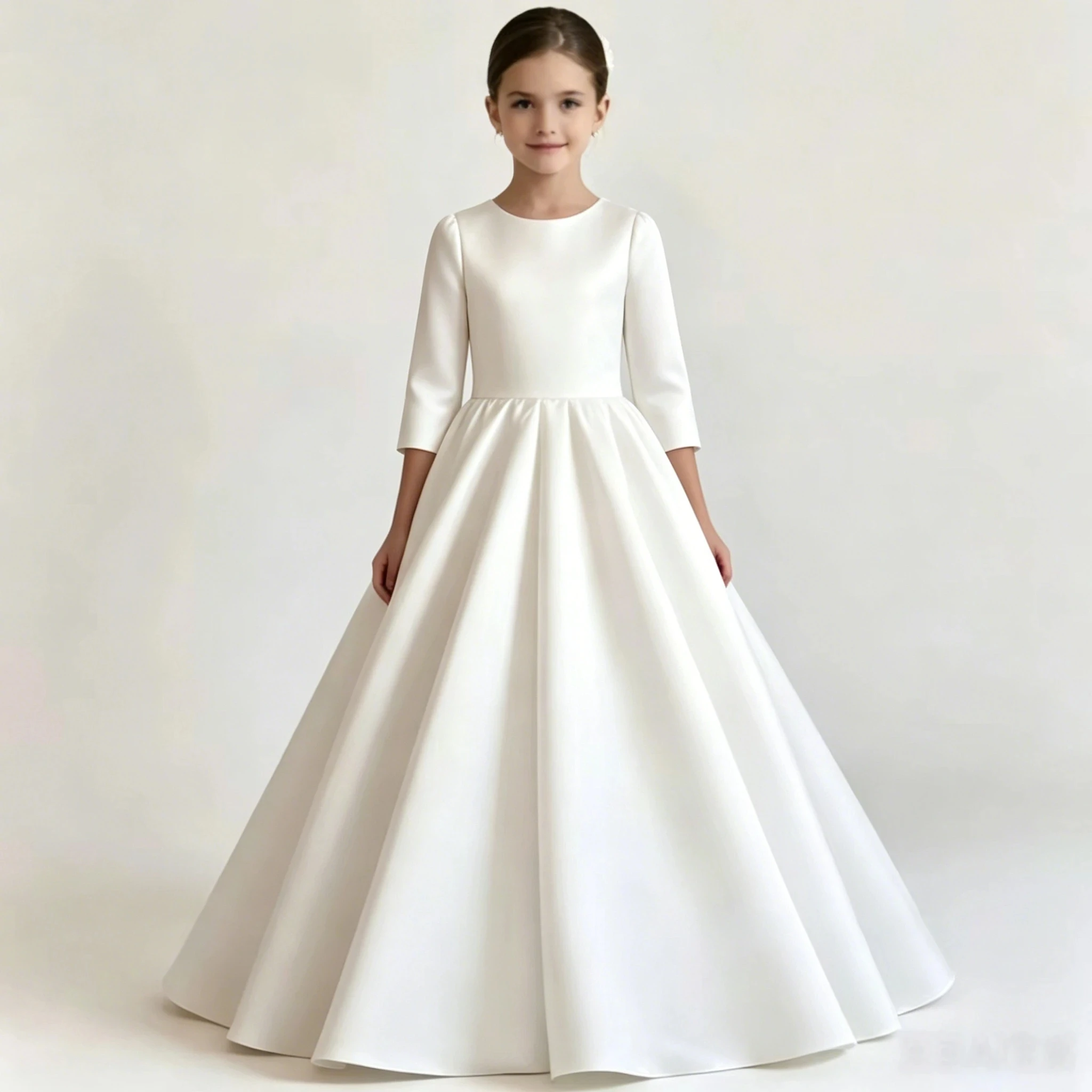 Customized White Flower Girl Dress For Wedding Bow Satin Round Neck Floor Length Elegant Kids Birthday First Communion Gown