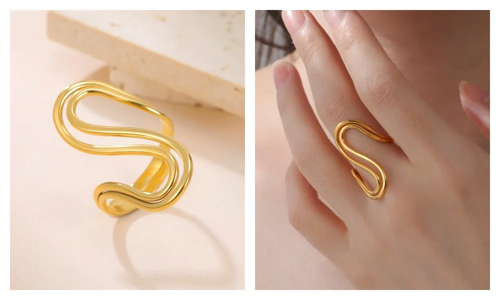 Skyrim Edelstahl Goldfarben Geometrischer Offener Ring Mode Minimalistischer Fingerring Hochzeit Party Schmuck Geschenk Großhandel – Detail 2