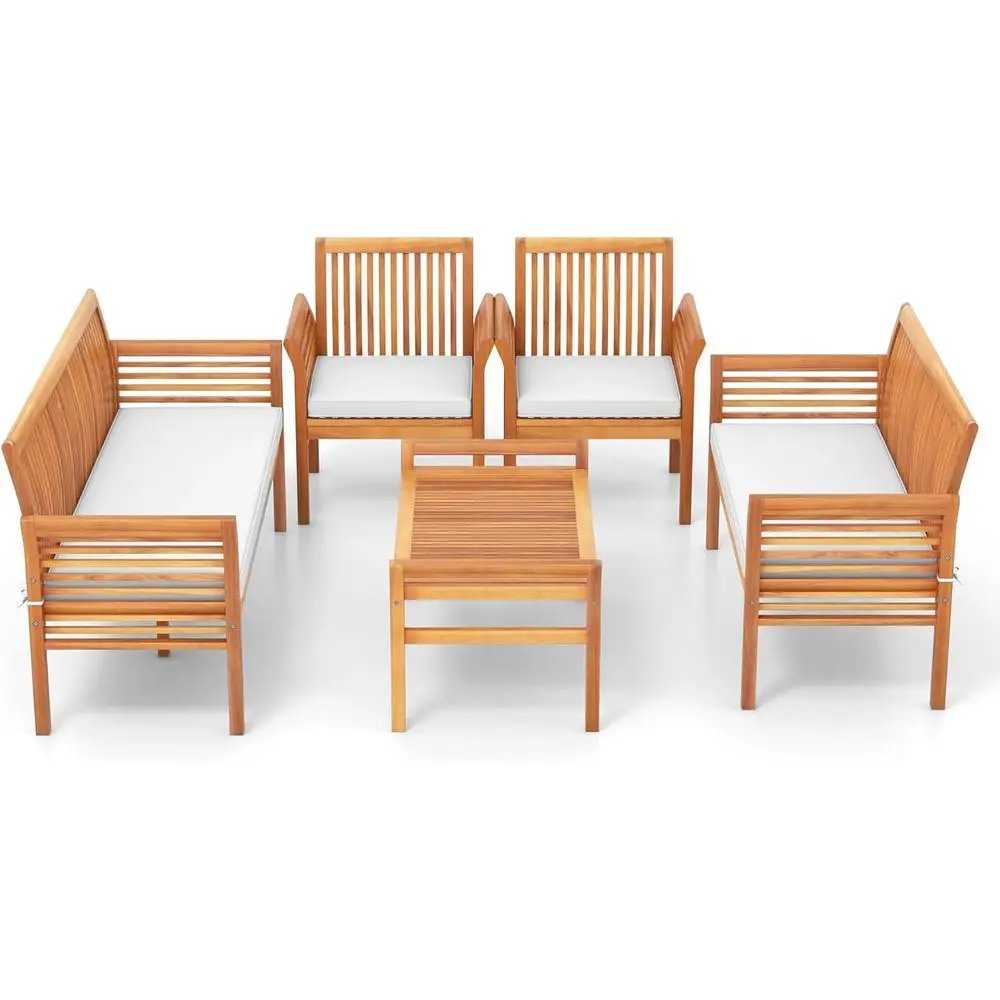 

Комплект садовой мебели из акации из 5 предметов: 3-местная скамья с мягкими подушками, двухместный диван, 2 кресла и кофейный столик для улицы