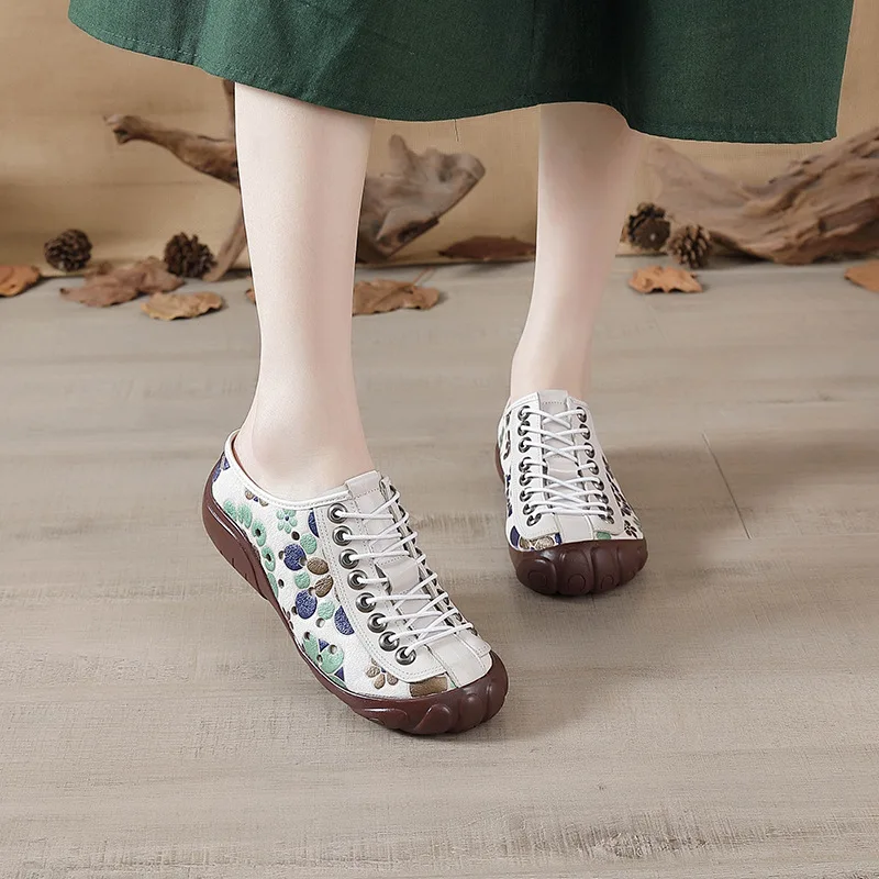 Xiuteng Printed Genuine Leather Hollowed Shoe With Breathable Holes For Woman Sandals Casual Sneakers Flats