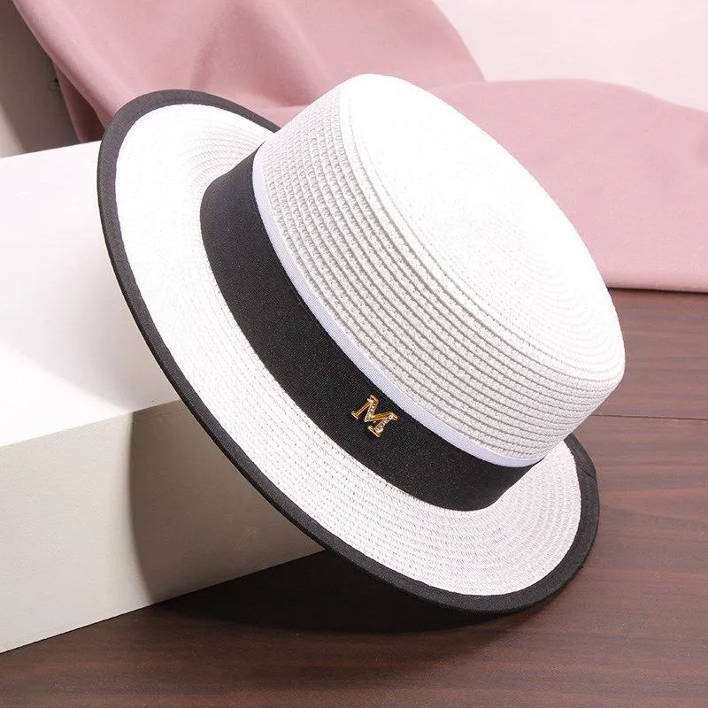 Female Summer Outing Beach Hat Beach Sun Shading and Sun Protection  Grass Hat Flat  Top Hat