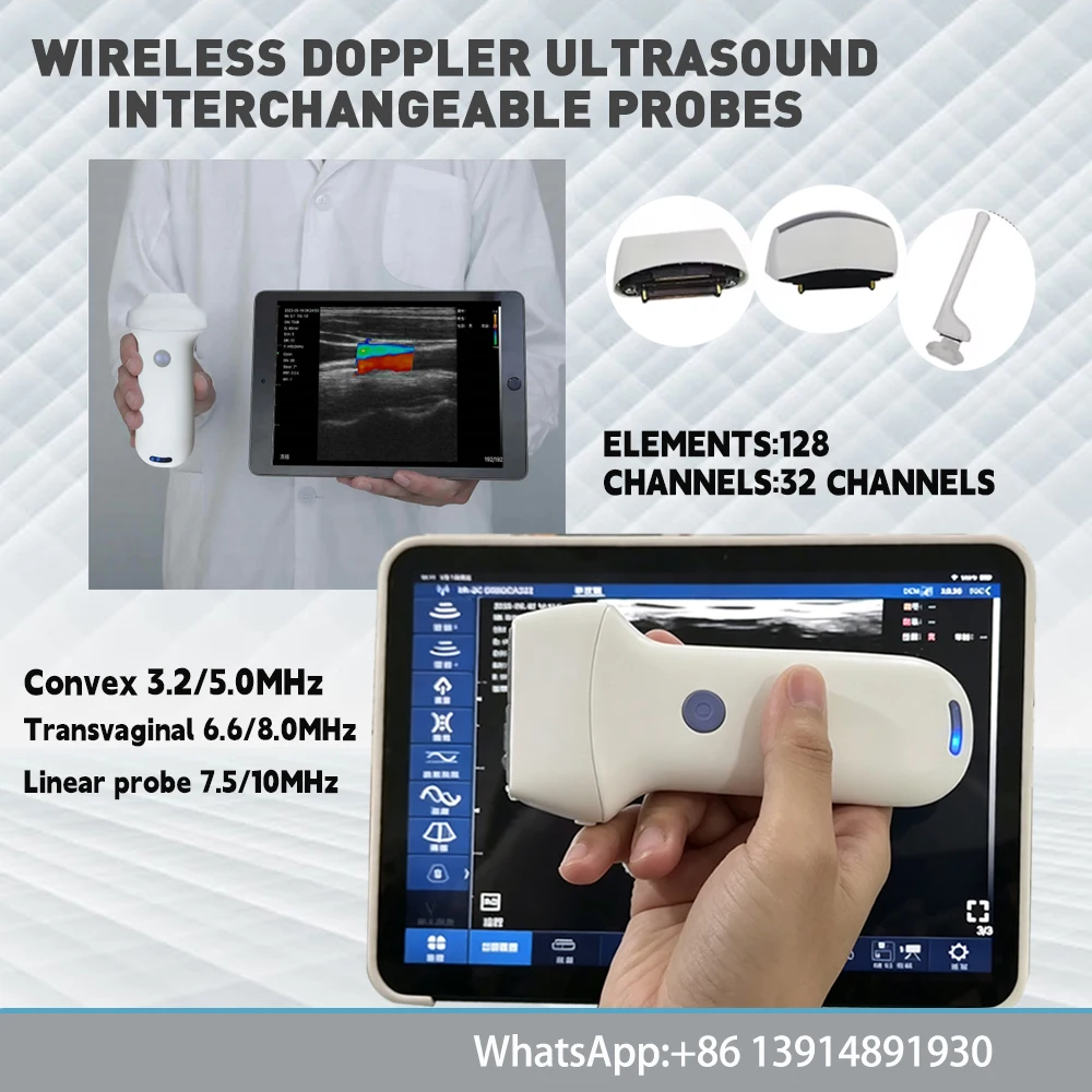Magnetic Swapable Wireless Color Doppler Ultrasound Scanner, Hot-swappable Multi Transducer Handle 128 Elements for iOS Android