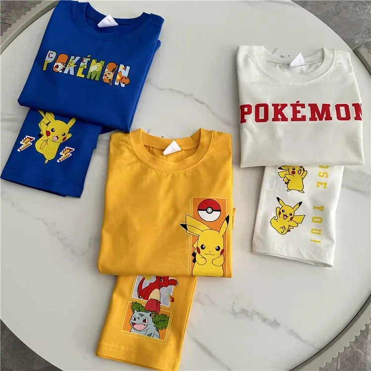 夏の新しい漫画アニメーション-ポケモン子供ラウンドネック印刷前後半袖ピカチュウ-tシャツ子供ギフト