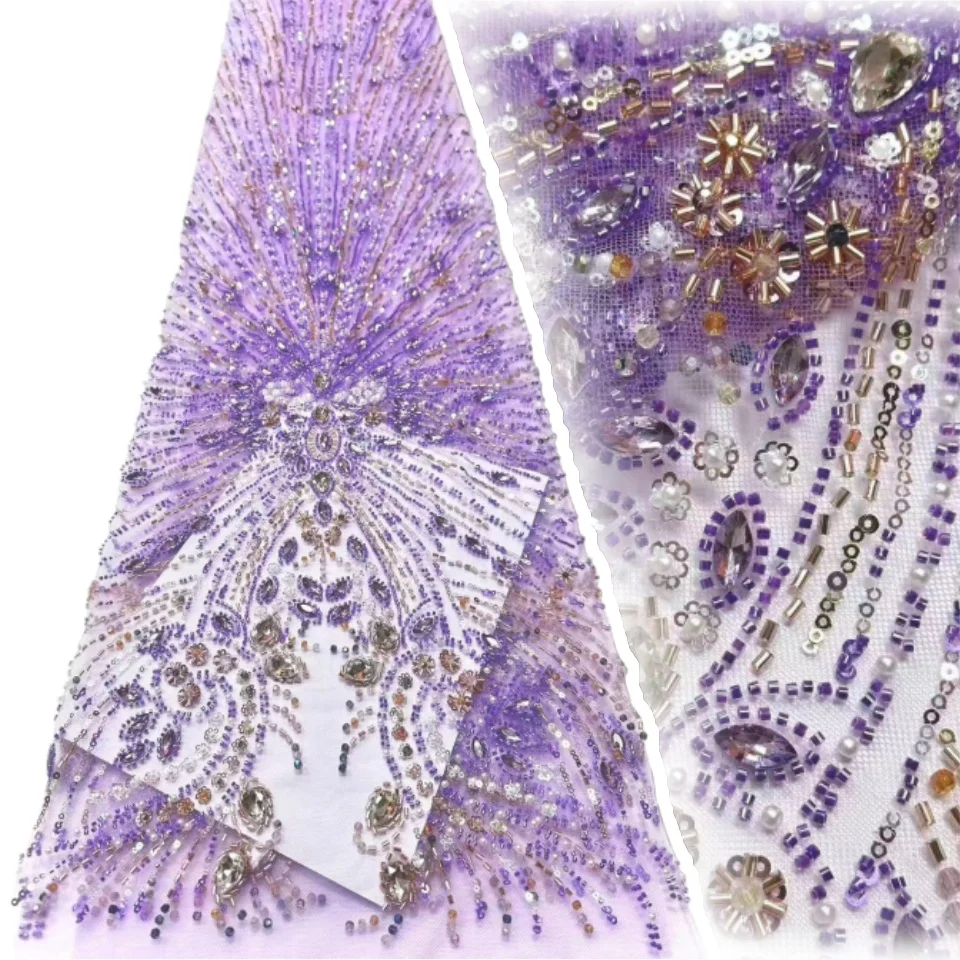 

2026 High-Quality Nigerian Tulle Sequin Lace Fabric African Groom Bead Embellished Lace Fabric for Wedding Party Dresses 2191