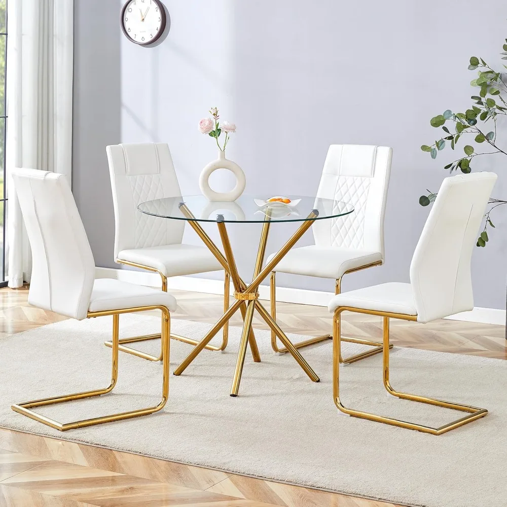 Round Glass Dining Table Set for 4, 36.6'' Tables with Gold Leg, Small Top, 4 Faux Leather Chairs, 5 Piece Dining Room Table Set