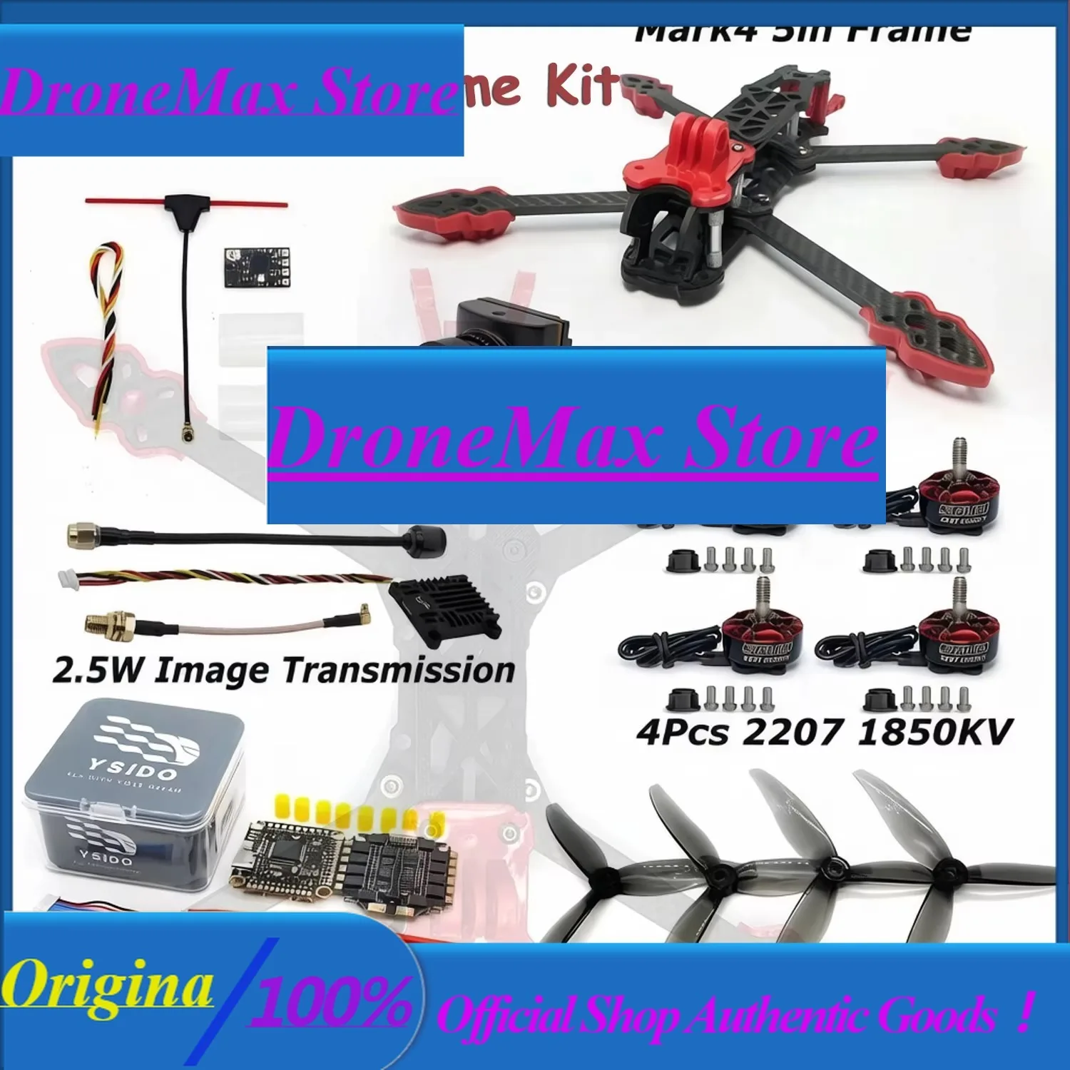 DroMaRC FPV Racing Drone 225mm 5inch Frame Kit 2207 Motor FC F405 V3 4-in-1 60A ESC Stack 1850KV Brushless Motor B19 Camera 2.5W
