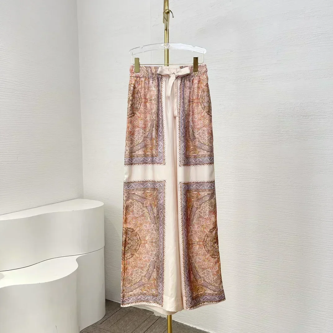 

Paisley Twill Silk Re-tro Summer Autumn Women Latest New Full Sleeve Blouse and Wide-leg Pants Loose Holiday Set