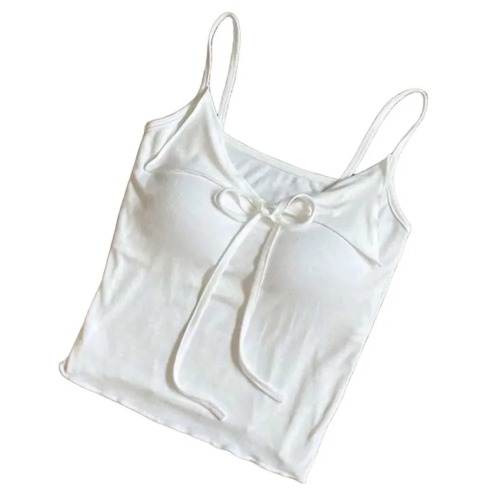 Bow Sleeveless Top Built In Bra Cotton Fabric Moderate Elasticity Regular Length Fit Simple Style Solid Color Top