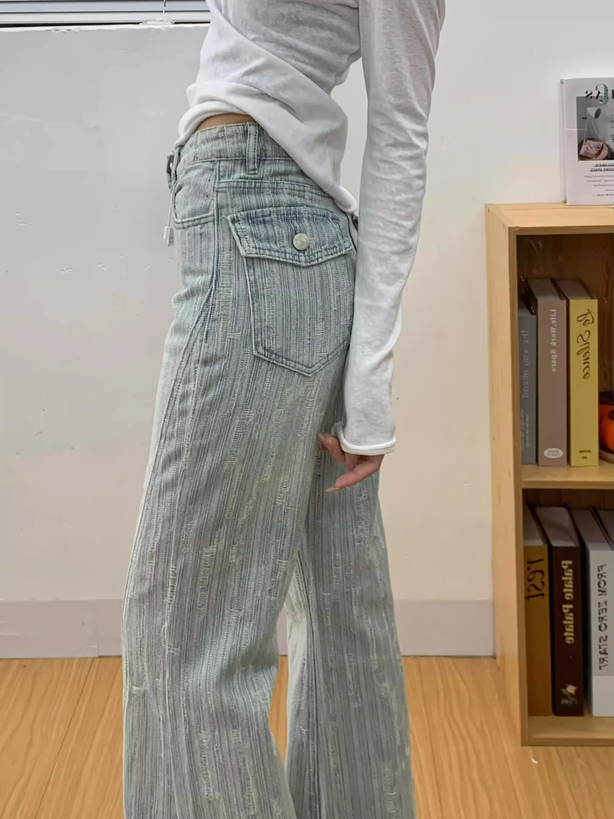 

Light Colored Embroidered Striped Micro Flared Denim Jeans Women's High Waist Slimming Loose Fitting Floor Length Pants