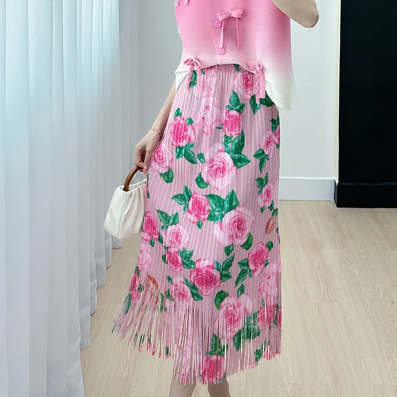 

Printed fringed pleated skirt japanese fashion luxury designer clothing women vintage skirts for elegant women