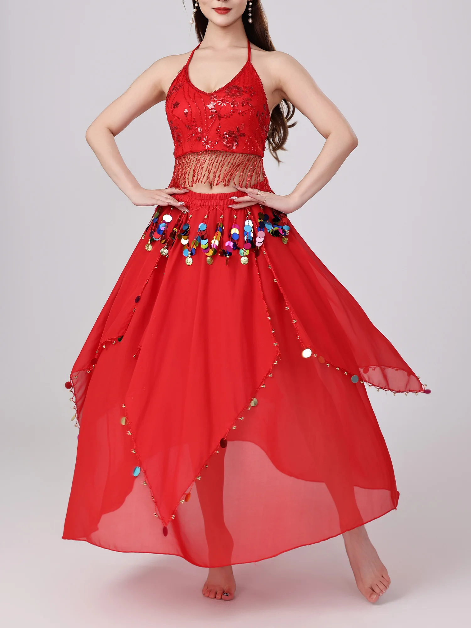 

Women Dance Sequin Tassel Belly Outfit Set Fringe Lace-up Crop Top and Chiffon Skirt Belly Dance Costume for Stage Dancing Class