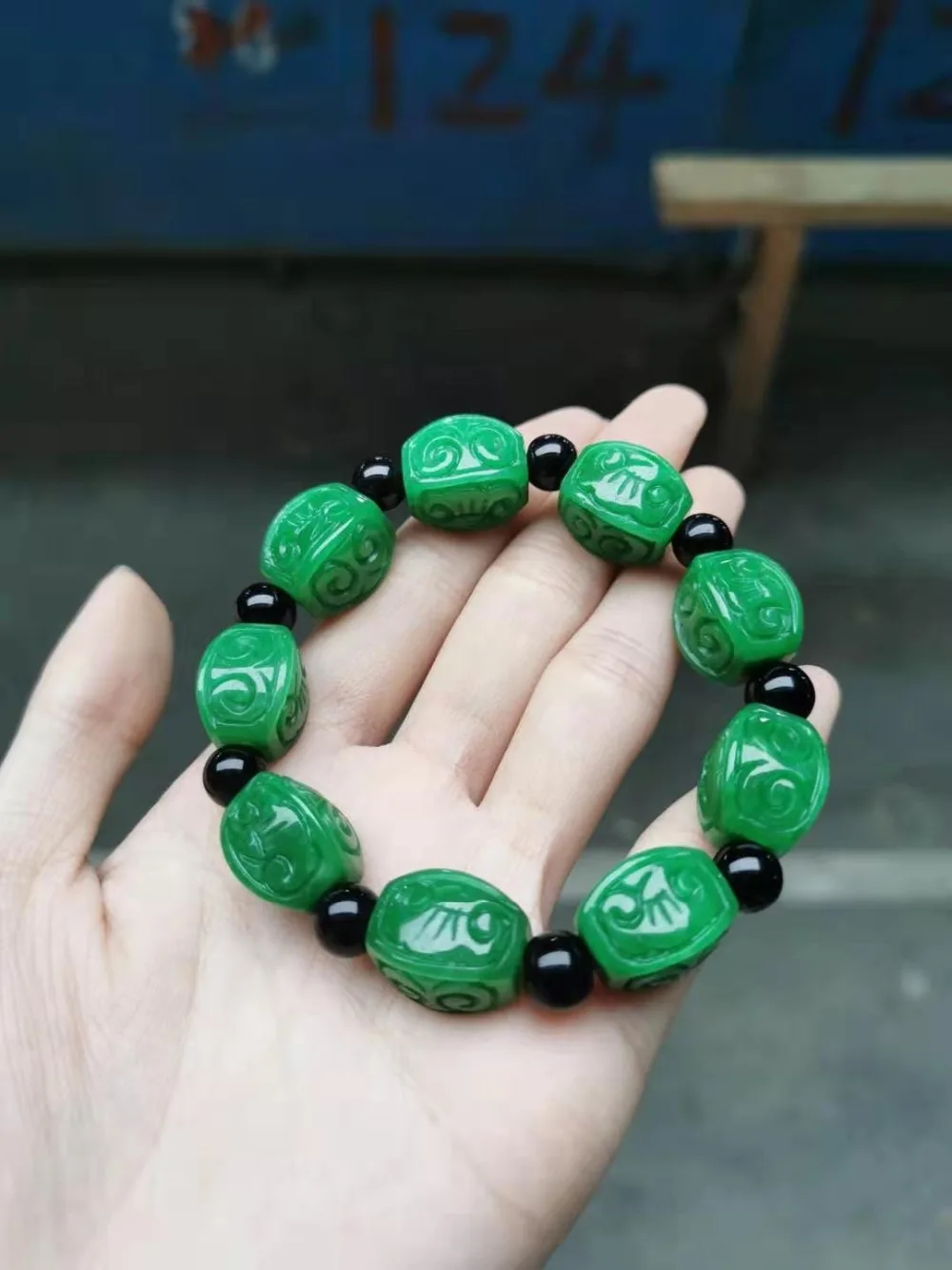 Natural Chinese Auspicious Clouds Wishful Patterns Green Bracelets Handcarved Flower Beads Prayer Emerald Jade Bangles Jewellery