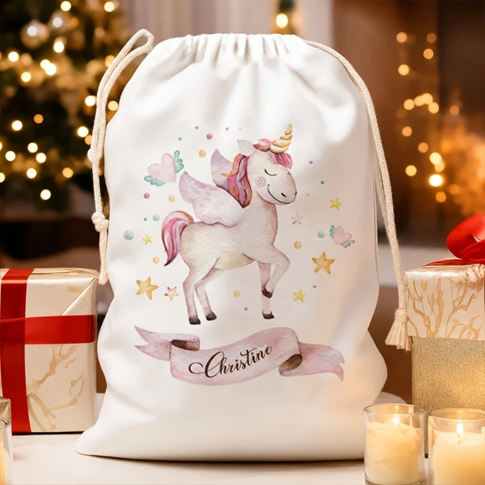 1Pc Custom Name/Text Cute Unicorn Design Imitation Hemp Drawstring Bag, Christmas Gift Storage Pouch, Party Candy Bags