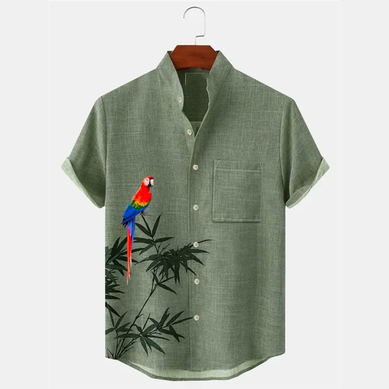 Camisa de linho impressa em 3D masculina, padrão folha de papagaio, colarinho, branco, verde claro, roxo, cinza, estilo ao ar livre