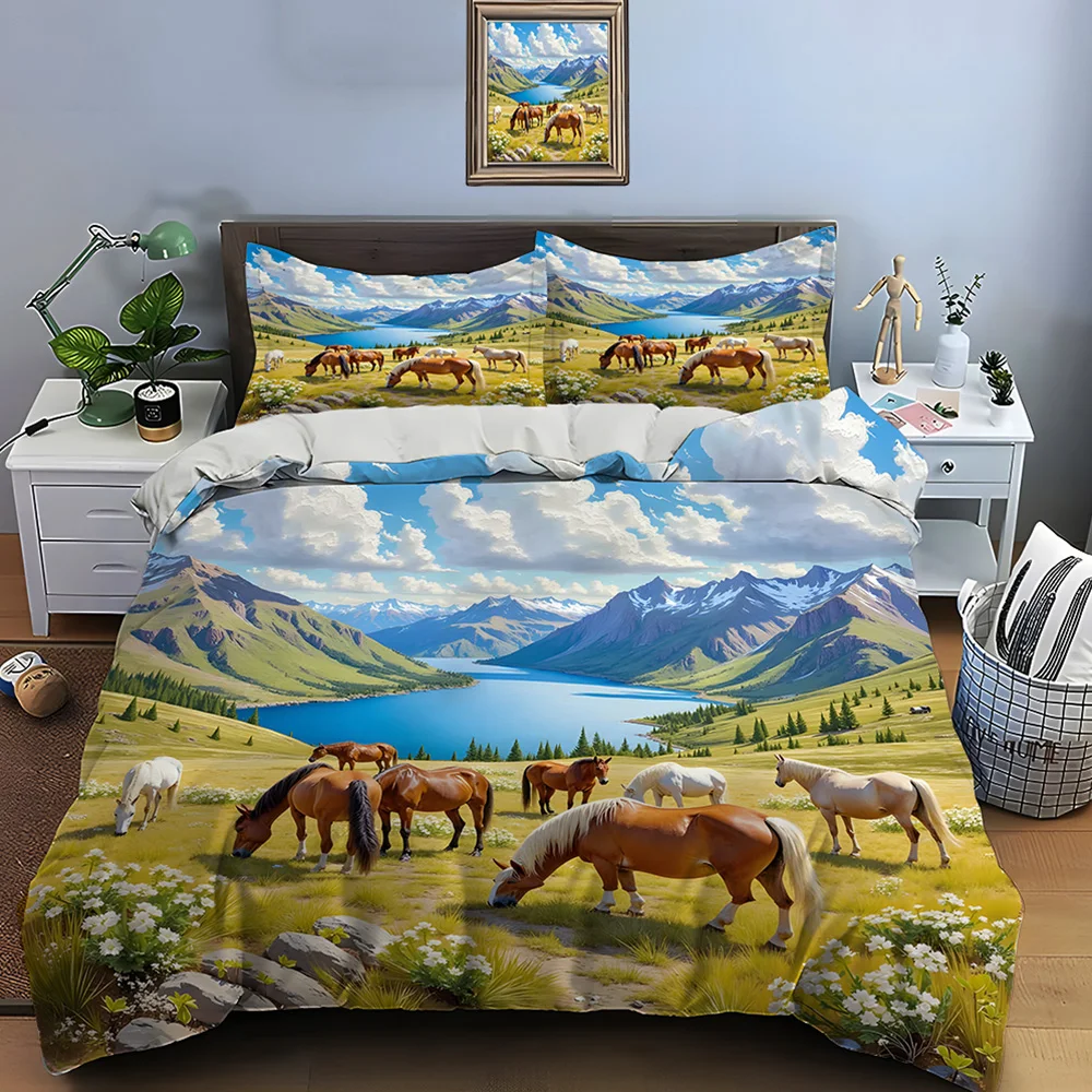 Mountains, Lake, Meadow, and Horses Print Soft Comfortable Duvet Cover Bedding Set Included 1*Duvet Cover  2*Pillowcases