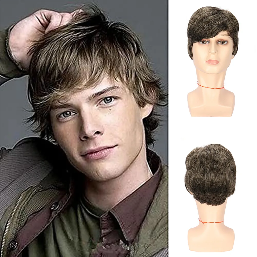 

Men's wig mechanism headgear dark brown short curly hair chemical fiber wig headgear Xuchang wigs silver wig