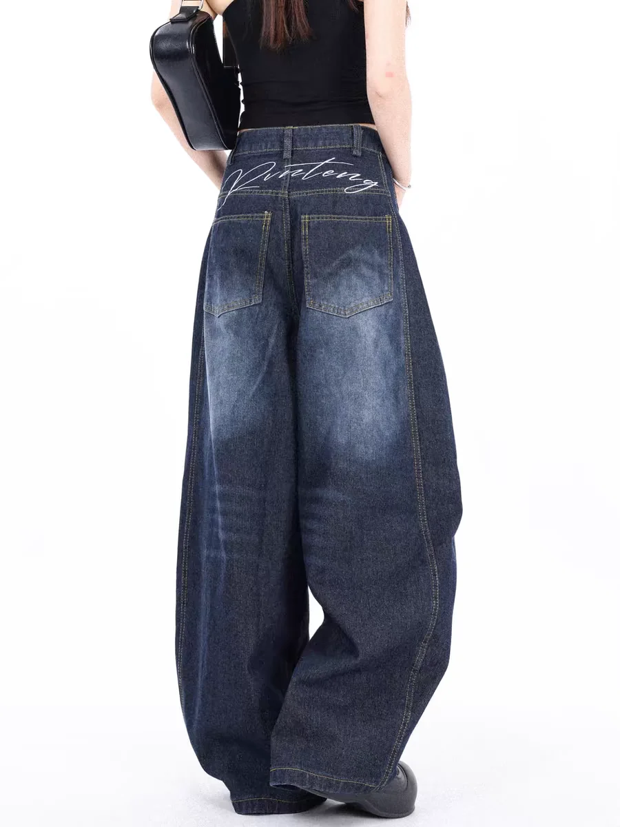 Damen Tiefblaue Baggy-Jeans, bestickt, Y2K, japanischer Harajuku, High Street, hohe Taille, lockeres, weites Bein, Retro-Jeans, Kleidung 2025,