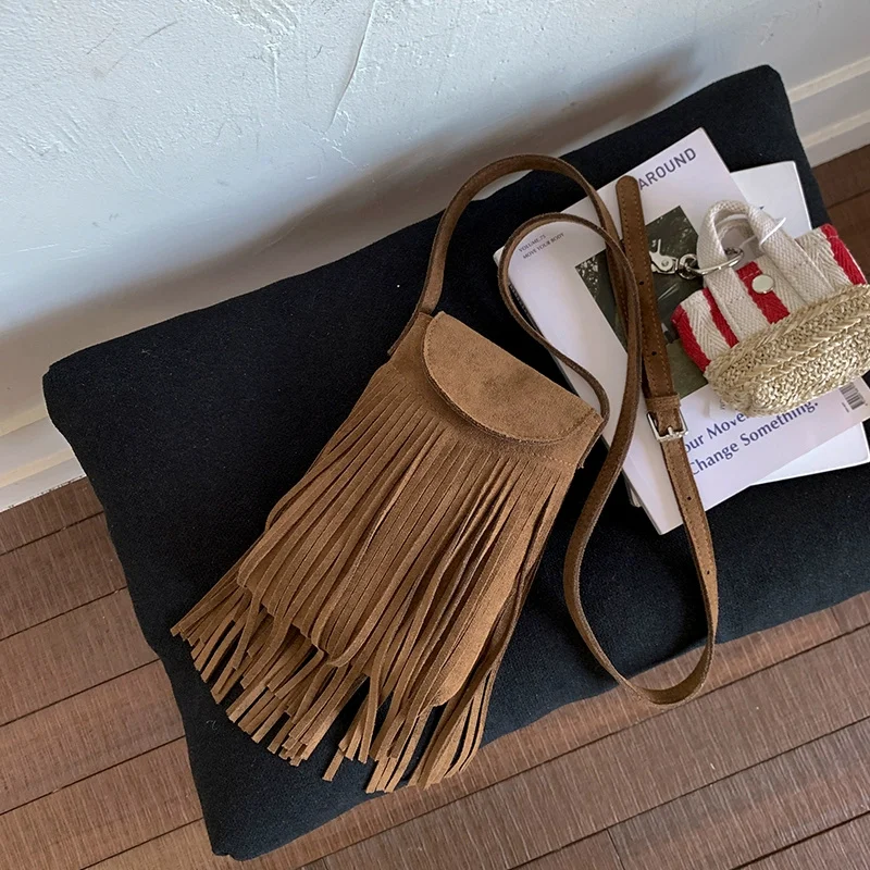 Мини-сумки в стиле Wasteland для женщин, новинка 2025, цвет Майяра, коричневый, богемный, в стиле ретро, сумки с кисточками, искусственная сумка через плечо, седло Bolsas