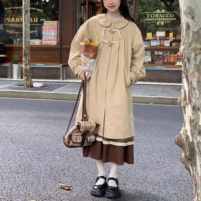 

Sweet Vintage Khaki Trench Coats Women Autumn Kawaii Doll Collar Lantern Sleeve Outwear Mori Girl Loose Long Jackets Windbreaker