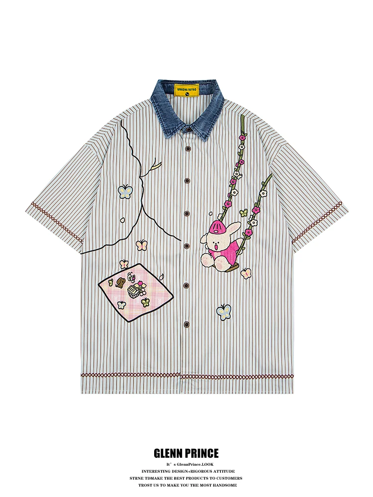 

GPstudio Japanese Style Cartoon Embroidery Short Sleeve Shirt Men's Design Unique BF Trendy Top Breathable Polyester Summer F...