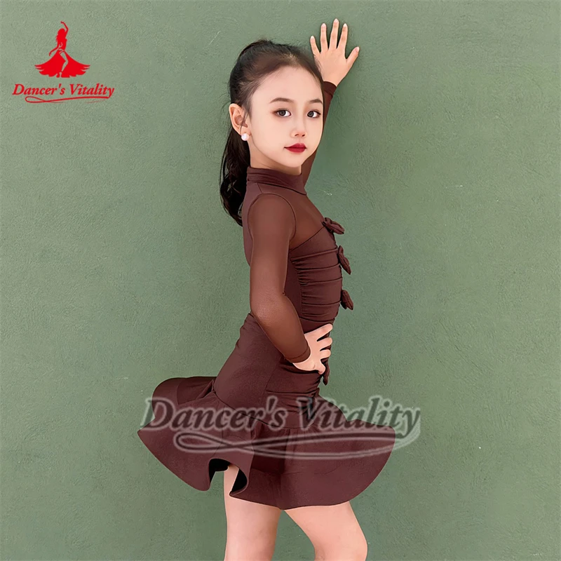 Tieners Latin Dance Hooggesloten Lange Mouwen Strik Decoratie Bodysuit + Visgraat Rok Sets Danser Vitaliteit Chacha Kleding