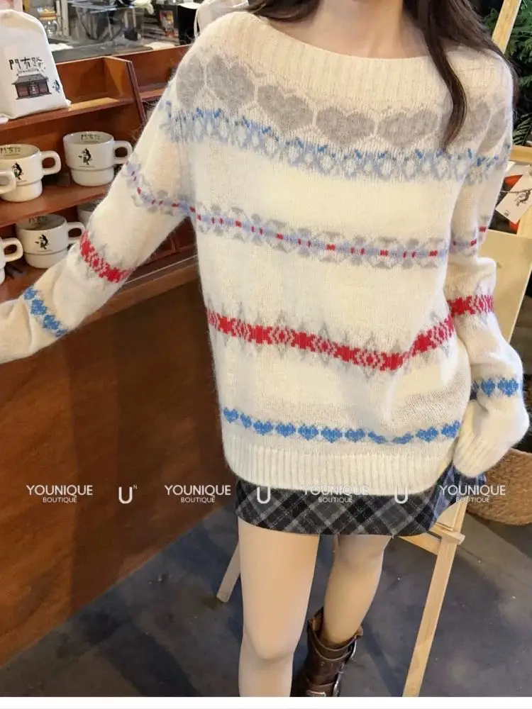 بلوفر تريكو مخطط برقبة دائرية سترة نسائية كورية للخريف سترة هاراجوكو عتيقة بأكمام طويلة ناعمة ومريحة من الكشمير #6