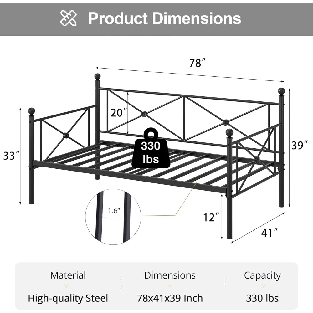 Metal Twin Daybed Frame with Stylish Headboard, Multifunctional Platform Bed for Bedrooms, Living Spaces, and Guest Rooms