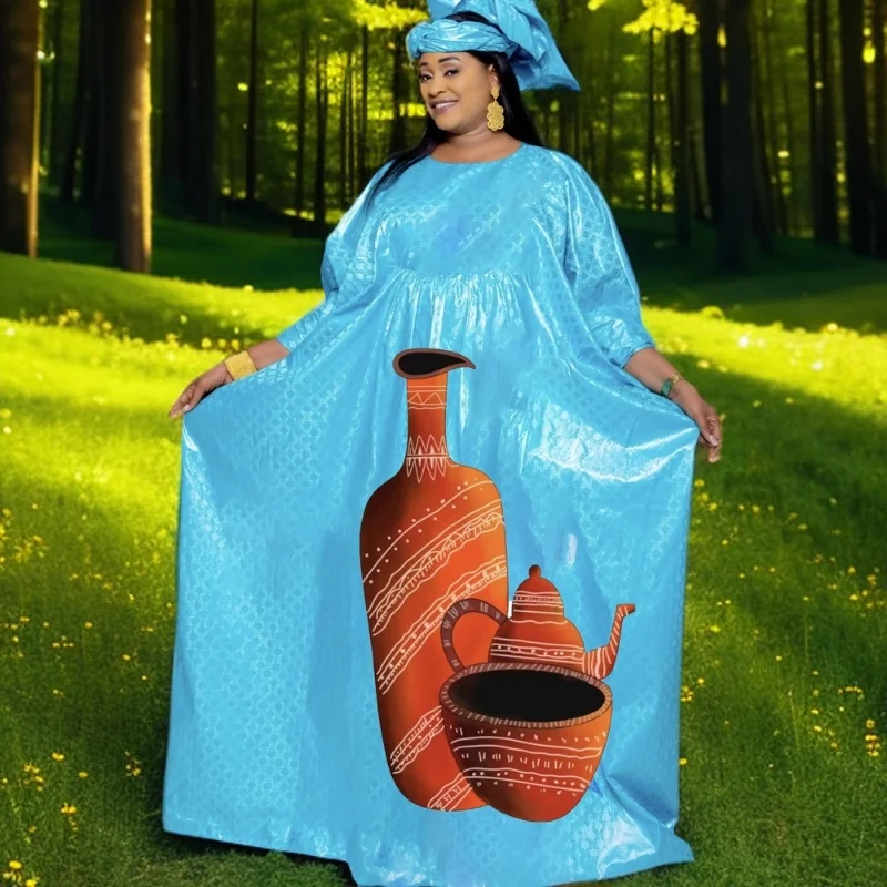 

High-Quality African Bazin Long Dress with Headscarf - Unique Blue Print African Bazin Dress Perfect for Special Occasions