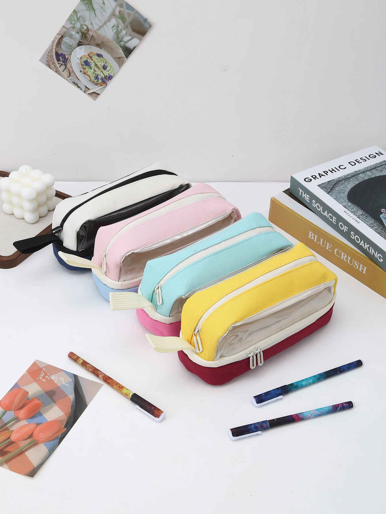 Transparent Window Large Capacity Double Zipper Pencil Case Color Block Stationery Organizer For Students Back To School