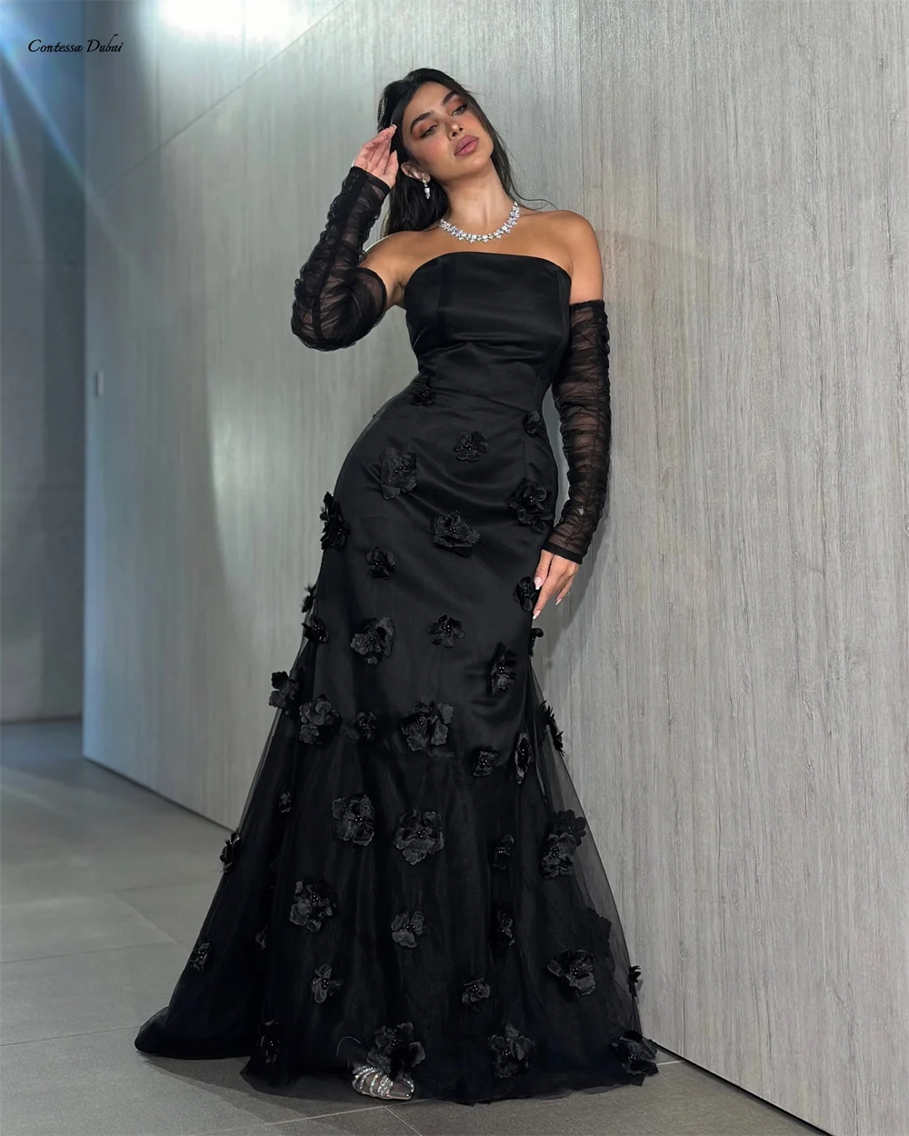 

Contessa Custom evening dress prom formal gown wedding guest dress Elegant Strapless Mermaid Maxi Sheer Sleeves Floral Tulle