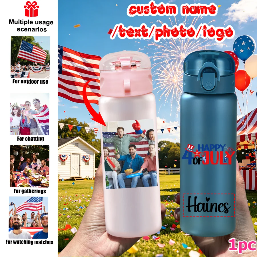 1pc Custom Independence Day Cup 780ml/26oz Outdoor Travel Sports Cup with Rope, Leak-proof Plastic Water Bottle