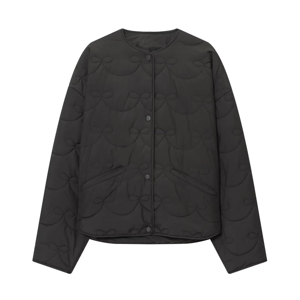 New autumn and winter women's fashion loose casual round neck long sleeved butterfly knot quilted jacket