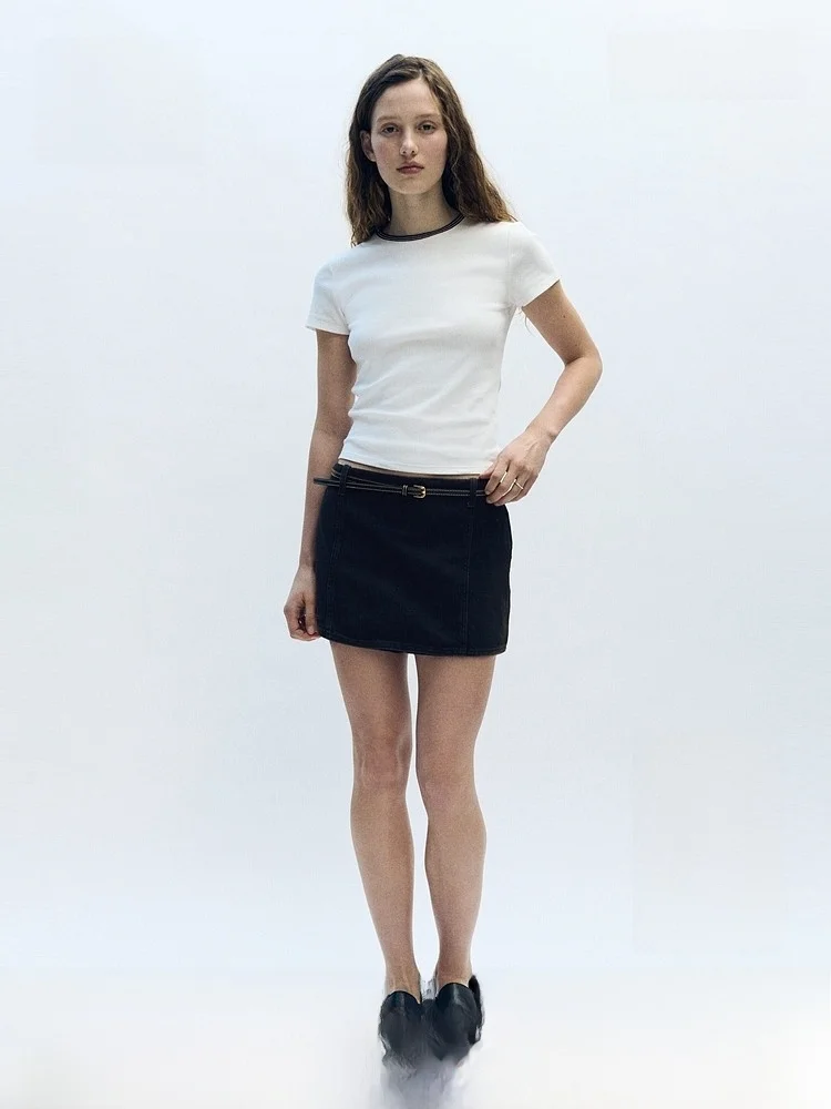 

H&M Summer New Women's Denim Skirt Pants Straight Leg Cotton Natural Waist Short Length Fashionable Ladies' Trousers
