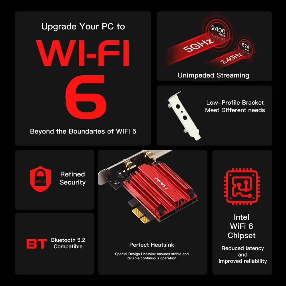 FENVI WiFi 6 1800Mbps Adapter PCI Express Wireless Adapter BT 5.2 Dual Band 802.11AX/AC MT7921 Wi-Fi Network Card Windows 10/11