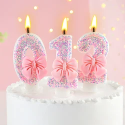 Pink Bow Number Candle Cake Toppers Girls Birthday 3D Digital Candles Cake Decorating Anniversary Party Decor DIY Baking Tools