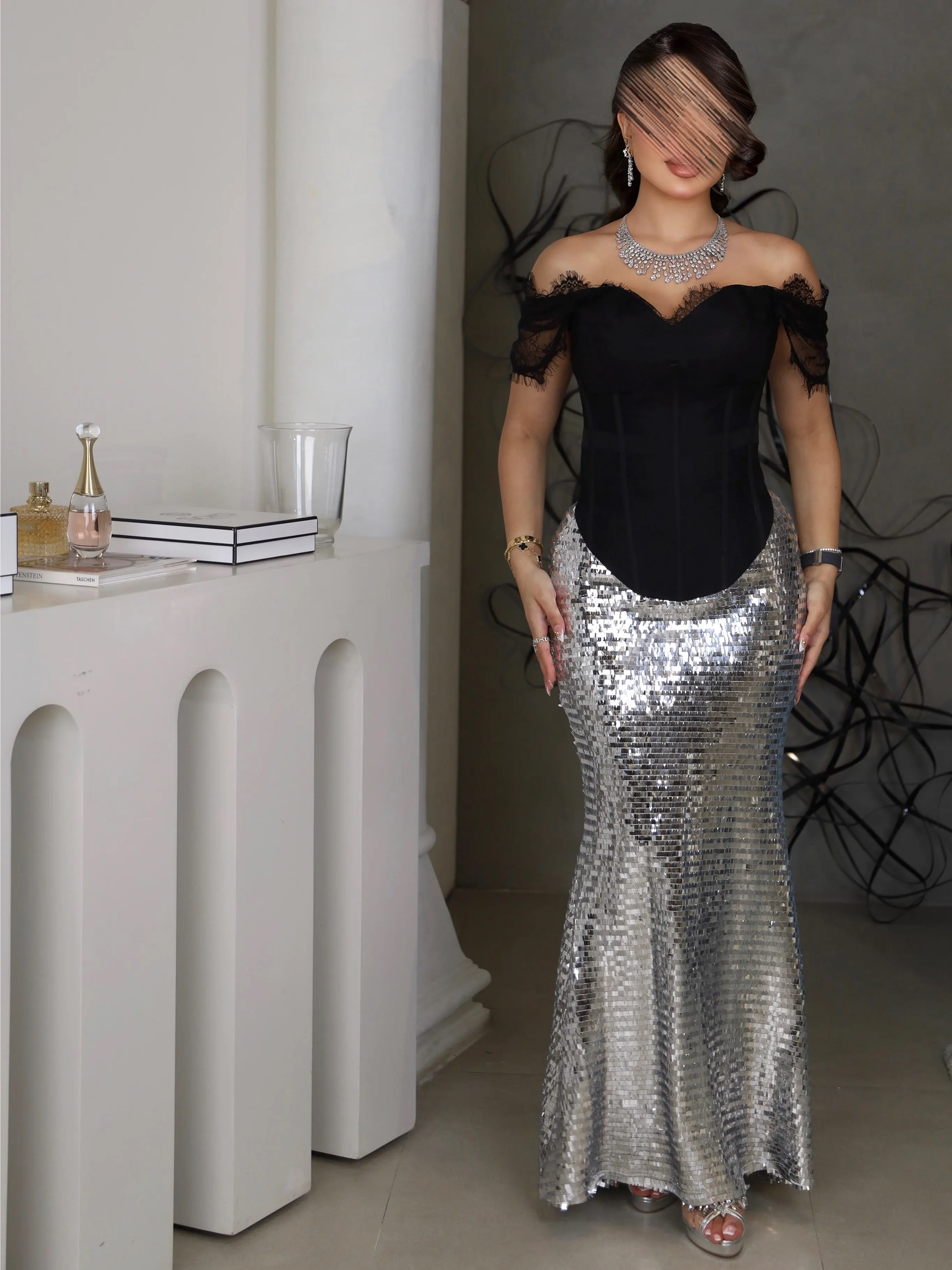 Customized Delicate Mermaid Off the Shoulder Chest with Lace Evening Dresses Full-Body Sequines Floor Length Celebrity Prom Gown