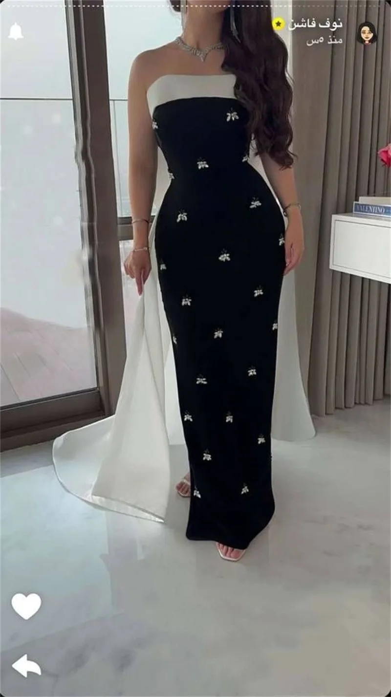 

Crystals White Black Bandage Prom Dress Detachable Train Sexy Strapless Formal Wedding Guest Robes Banquet Party Bridal Gown