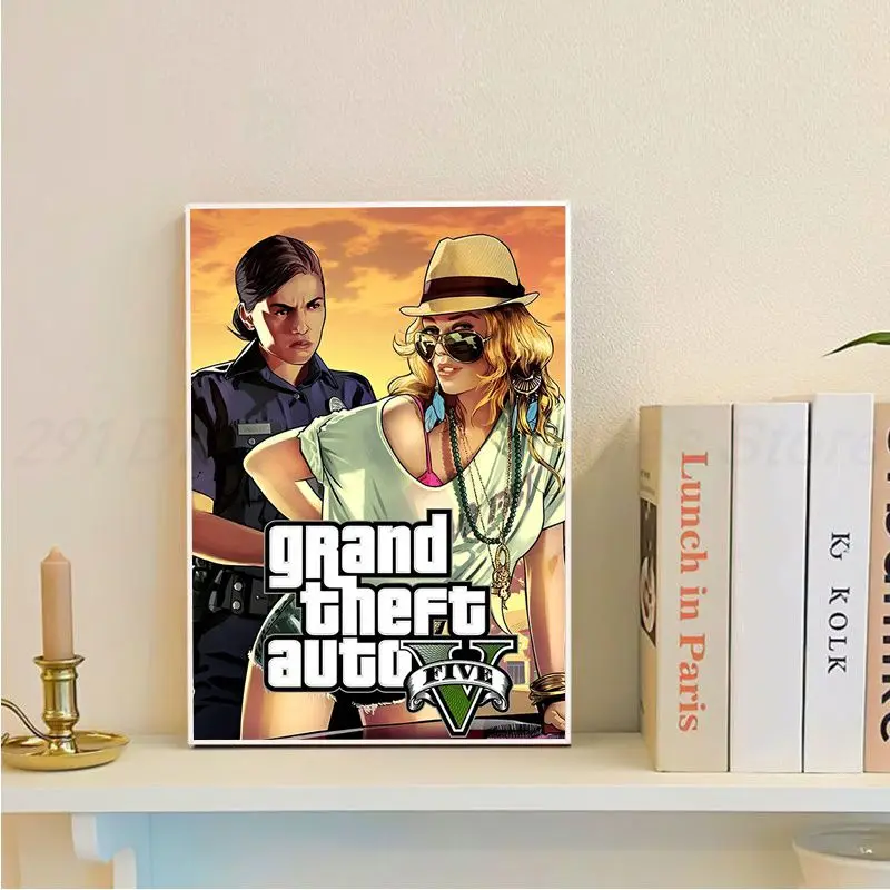 Game GTA 5 Grand Theft Auto Vintage Posters Sticky Waterproof Paper Sticker Coffee House Bar Stickers Wall Painting