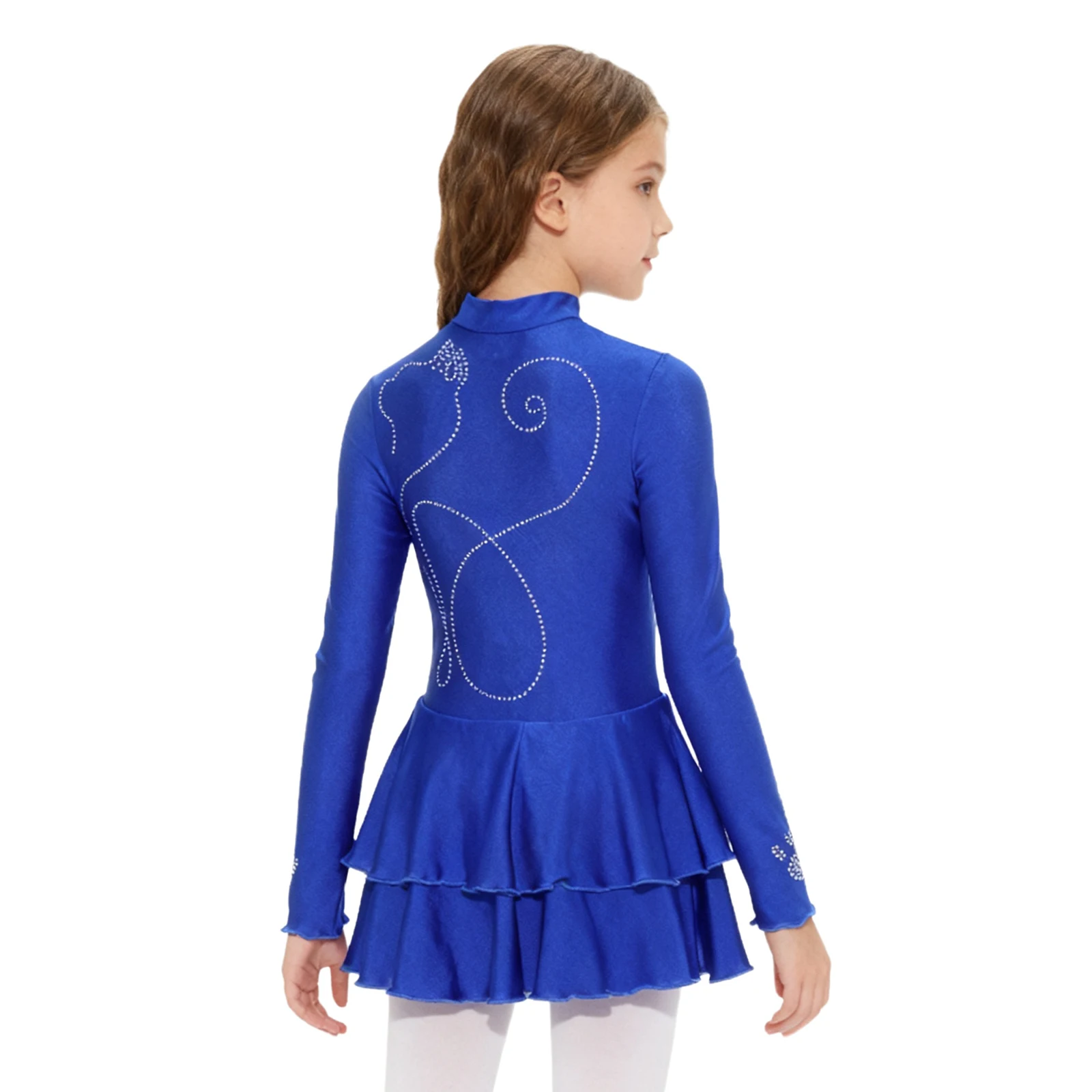 어린이 소녀 체조 피겨 스케이팅 발레 리리컬 댄스 레오타드 드레스 라인스톤 긴 소매 앞지퍼 러플 헴 드레스