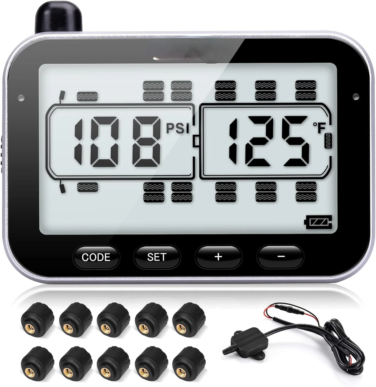 

Pressure Monitoring System,0 Sensors, 7 Alarm Modes, 14 Days Battery Life, 80ft Sensing Distance, Large Screen, for RV, Traile