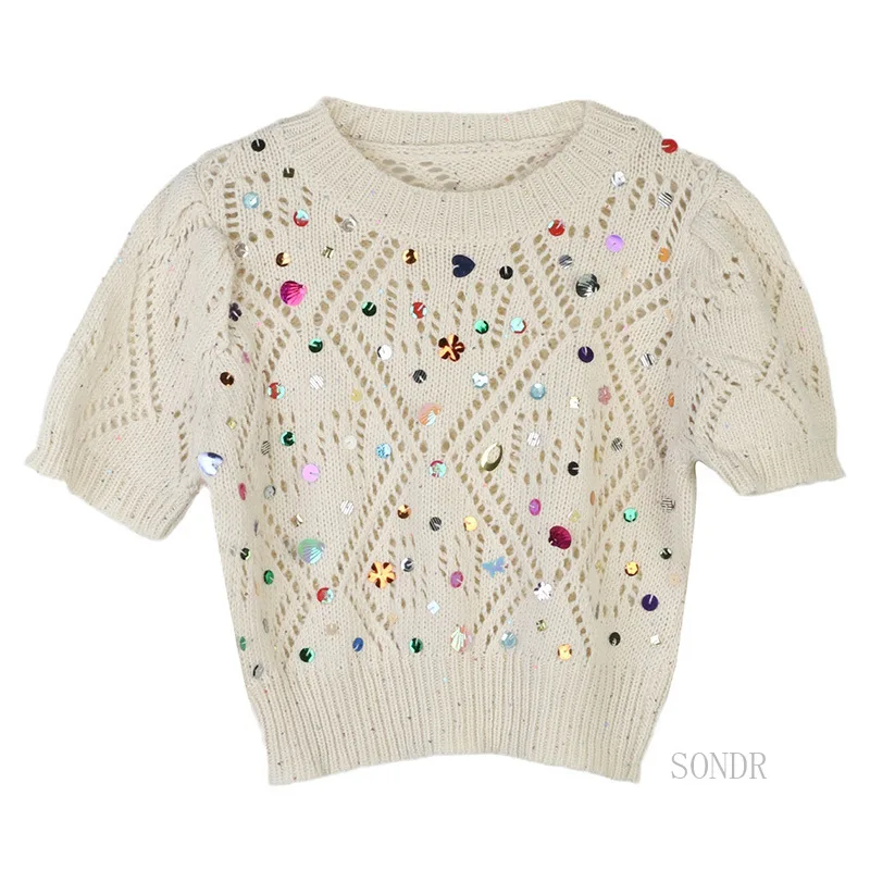 

colors Sequins short sleeved sweater T-shirt for women 2024 spring summer tops hollowed out round neck knitted top for women