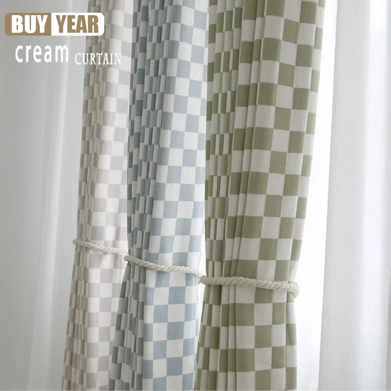 Plaid Fabric Cloth Chenille Yarn-dyed Curtain Ins Style Geometric Modern Simple Curtains for Living Dining Room Bedroom Custom