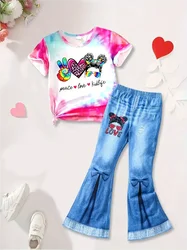 Girls' suit, multi-color figure graphic T-shirt + bell-bottom tights 2-piece casual summer clothing for girls going out