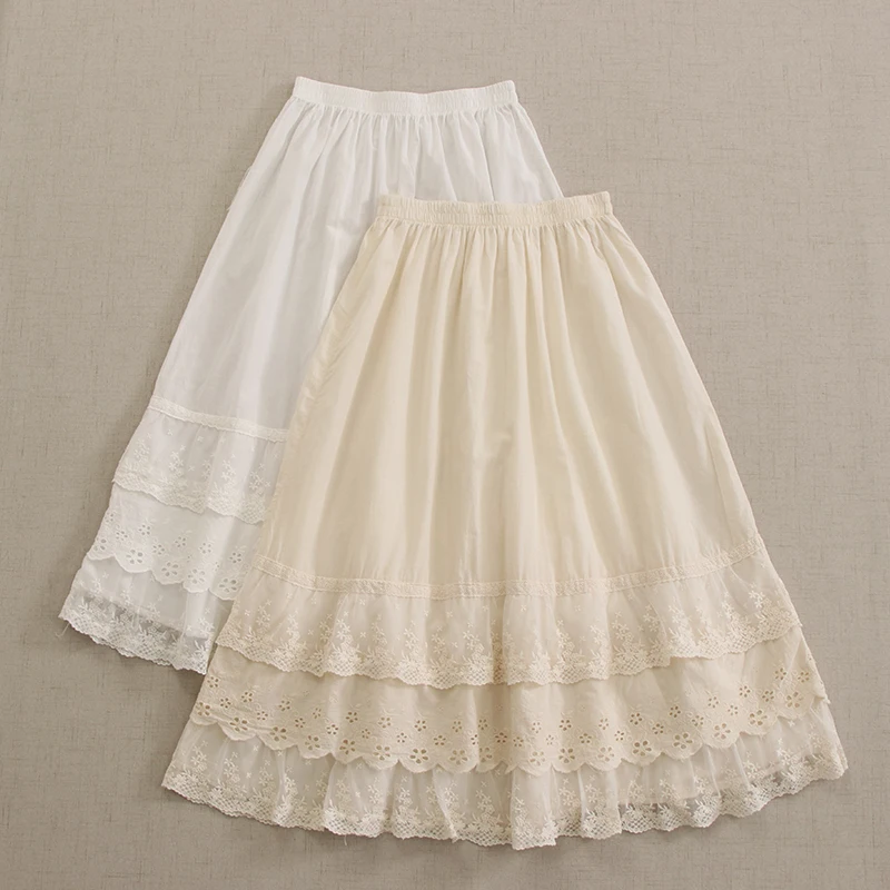 Japanese Sweet Mori Girl Lace Floral Embroidery Cotton Skirt Women Korean High Elastic Waist Loose Underskirt A-line Skirts