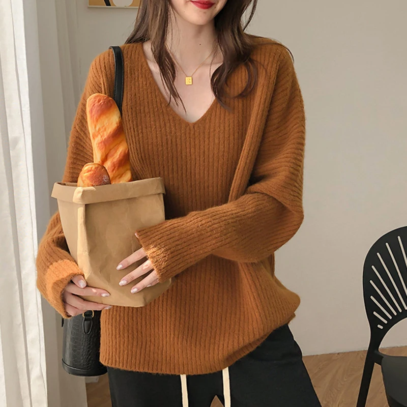 

Women Sweaters 2024 New Autumn Winter Solid Long Sleeve Knitwear Tops Korean Fashion V-Neck Pullovers Women's Clothing