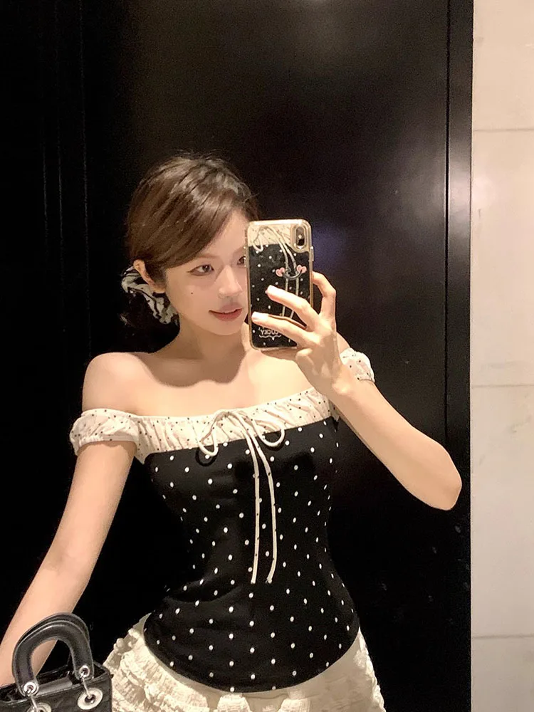 

Sweet Color Blo Polka Dot One oulder T-irt Women's Slim Fit ort Sle Korean Version Commute Pattern Summer New Arrival