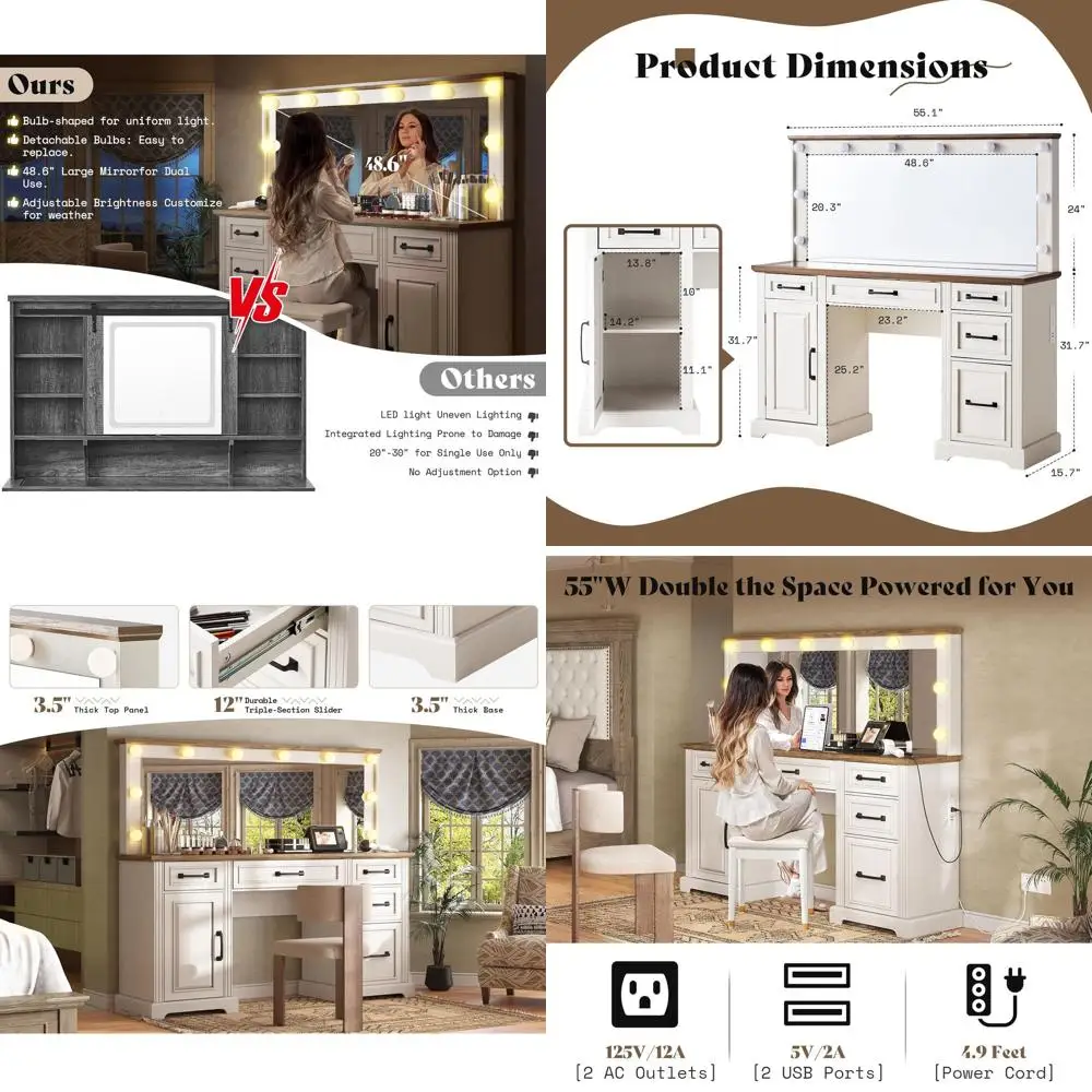 

55 White Makeup Vanity with Glass Top, 5 Drawers, Charging Station, 10 Light Bulbs, Adjustable Brightness