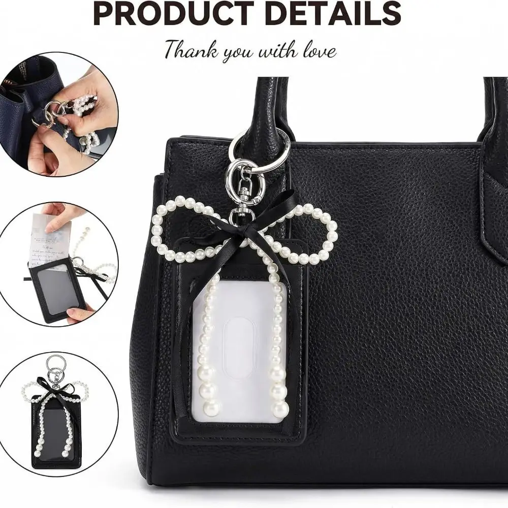 Stylish INS Style Cute Photocard Holder Decorative Protective Photos Bag Charm Pearl Bow Soft PU ID Card Case Keychain
