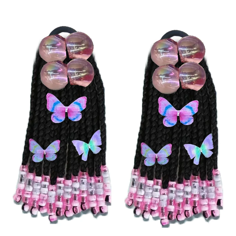 

Kids Hair Ponytail Extension Beaded Braids Braided with Bow and Beads for a Natural Hairstyle-2pc Set-Springy Twist 8inch
